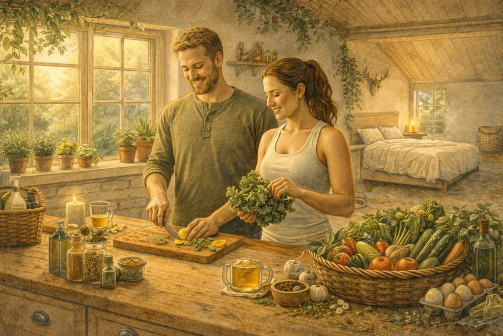 Man and woman preparing fresh vegetables together in a rustic kitchen, with herbs, produce baskets, and warm natural light.