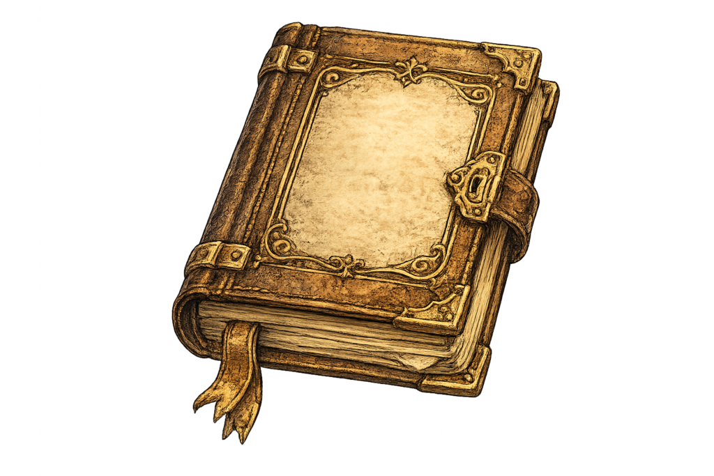 Illustrated leather-bound book with an ornate cover, metal clasp, and ribbon bookmark.