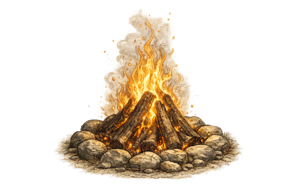 Illustrated campfire with stacked logs and flames rising from a ring of stones.
