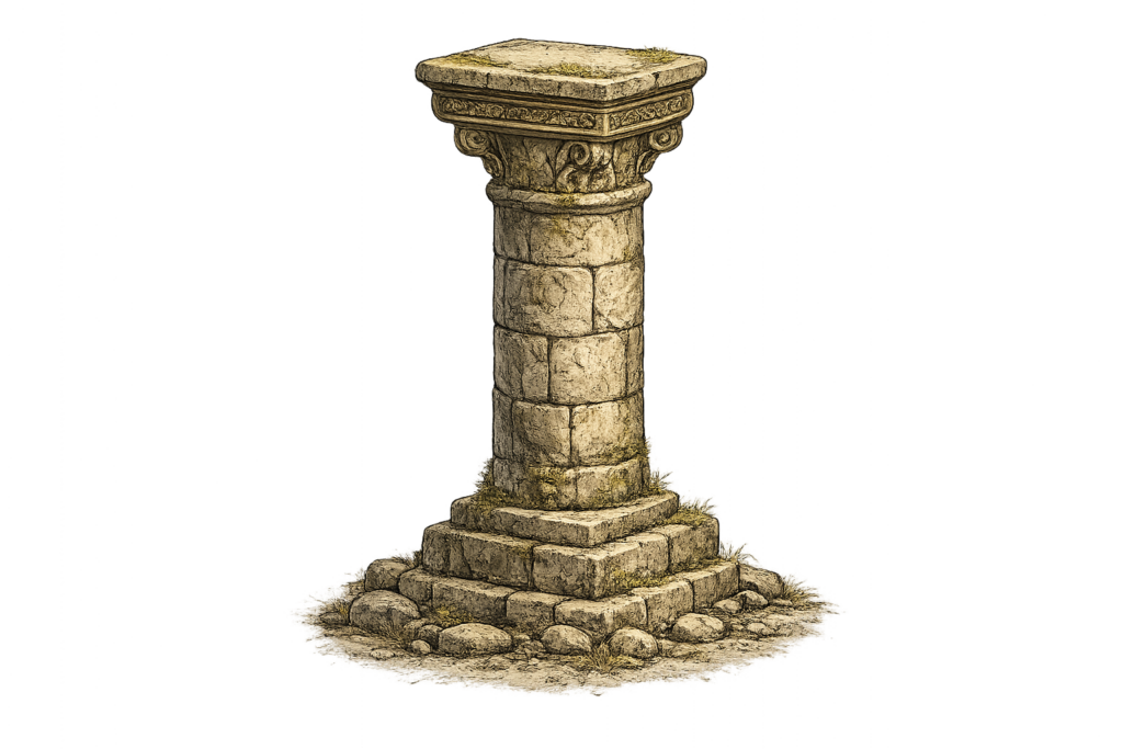 Stone pillar with carved details, standing on a stepped base.