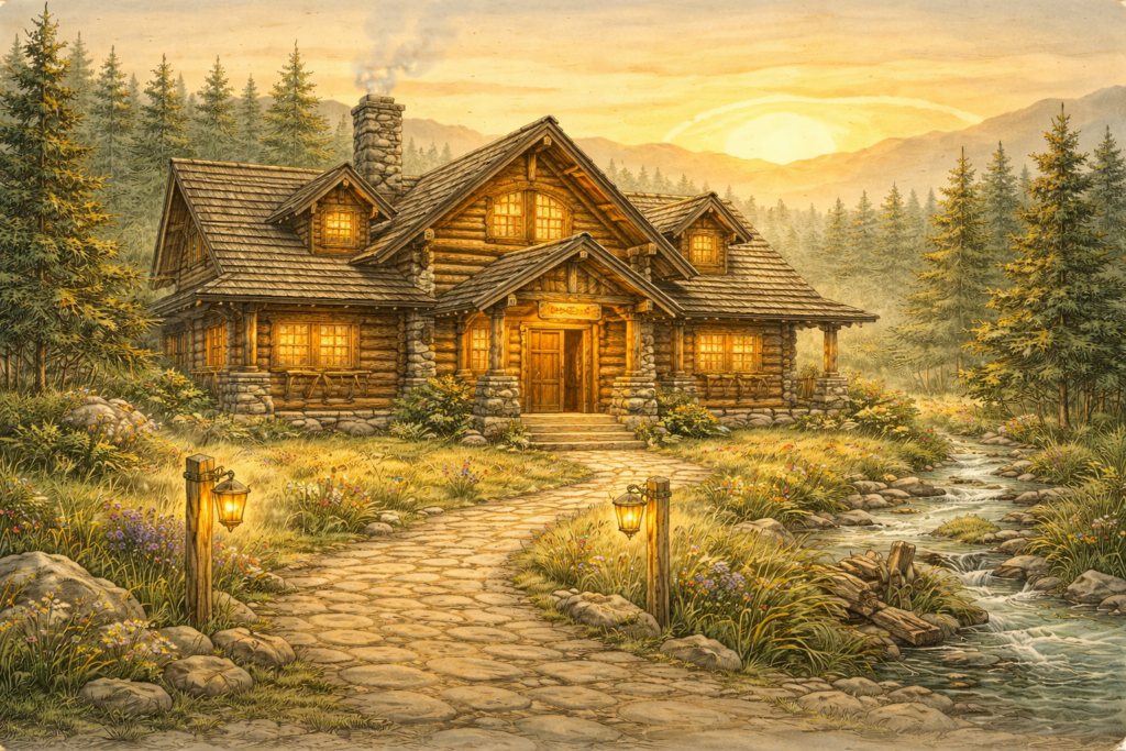 Warmly lit log lodge at sunrise, nestled among pine trees with a stone path, lanterns, and a gently flowing stream in the foreground.